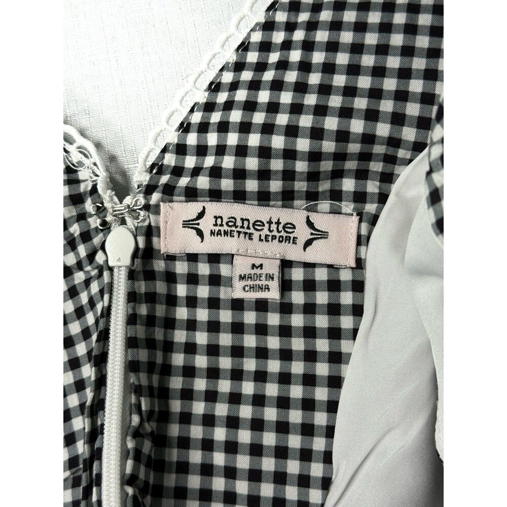 Nanette Lepore Black White Gingham Ruffle Peplum Top Blouse Size M Babydoll - Picture 8 of 11